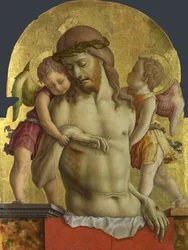 De dode Christus ondersteund door twee engelen