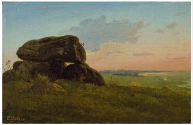 Avondlandschap met een hunebed. Studie.