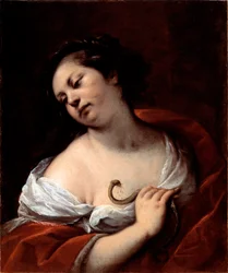 De zelfmoord van Cleopatra, koningin van Egypte, Cleopatra VII Thea Philopator (69-30 v.Chr.), door een beet van een aspisslang. De zelfmoord van Cleopatra. Schilderij van Carlo Francesco Nuvolone (ca. 1609-1662)