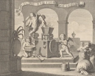 Zij verzamelt de mooiste bloem Il più bel fior ne coglie, een groep van zes putti aan het werk..., 1740-59