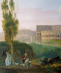 Groep personages, man tekent voor de ruïnes van het Colosseum