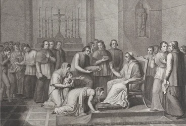 Een vrouw knielt om de voet van Paus Pius VII te kussen, met een menigte achter haar links, 1814-50