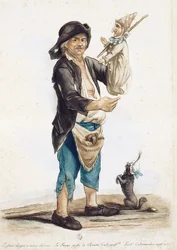 Poppenkastspeler Pierannizzi, tekening en gekleurde gravure door Carlo Lasinio (1759-1838), Italië