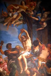 Blasius van Sebaste wordt vereerd als een christelijke heilige en martelaar. Schilderij. Genua. Italië.