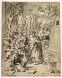 Allegorische scène in het atelier van de kunstenaar