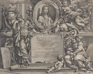 Frontispice met ovaal portret van Raphael, met drie allegorische figuren van de Kunsten, 1675