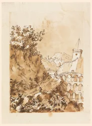 Tekening, Landschap met bergstad, 1760-80