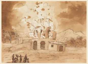Tekening, Landschap met een brandende toren