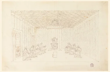 Tekening, paus Benedictus XIV in een consistorie met kardinalen, 1740-58