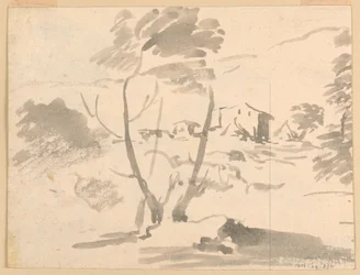 Tekening, Schets van een boom in een landschap, 1760-1780