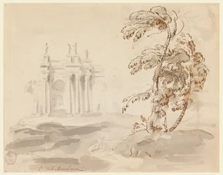 Tekening, Boom in landschap met gebouw, 1756-78