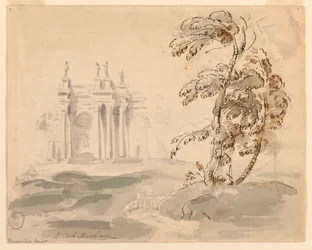 Tekening, Boom in landschap met gebouw, 1756-78