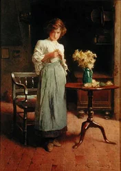 Meisje in een huisje bij een tafel en stoel
