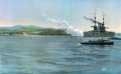Vlaggenschip van admiraal Sampson, de Amerikaanse gepantserde kruiser New York, vuurt op een kustwacht van Spaanse cavalerie, bij Cabanas, 29 april 1898
