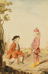 De twee jeugdige broers de Neuville, op een kade, 1767