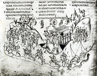 Verschillende scènes die een psalm illustreren, uit de Utrechtse Psalter, kopie van het origineel uit Reims nu in de Universiteitsbibliotheek Utrecht