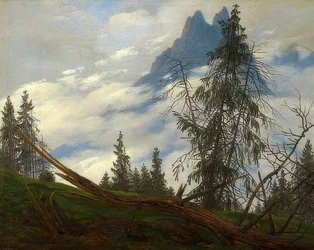 Bergtop met voorbijtrekkende wolken. Rond 1835