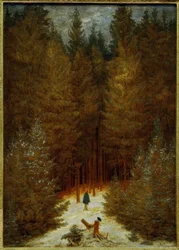 De jager in het bos (Een besneeuwd dennenbos)