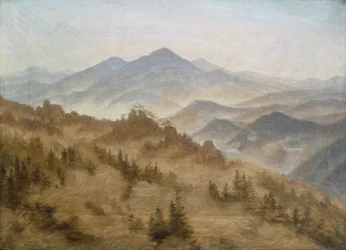 Duits: Gebirge bei aufsteigenem Nebel Landschap met de Rosenberg in de Boheemse Bergen
