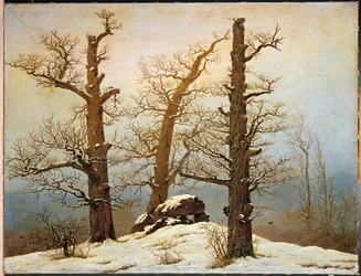 Megalithische cairn in de sneeuw (olieverf op doek)