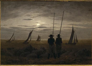 Maanverlichte nacht op het strand, met vissers
