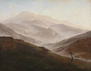 Landschap in het Reuzengebergte met opstijgende mist
