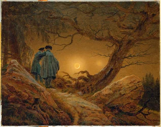 Twee mannen kijken naar de maan (olieverf op doek)