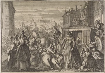 Vrouwen knielen te Parijs voor koningin Anna en smeken haar de belastingen te verlagen, 1645
