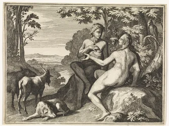 Adam en Eva omringd door de dieren in het paradijs