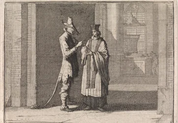 Pastoor in gesprek met de duivel voor de ingang van een kerk