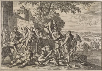 Spaanse soldaten worden op karren geladen en weggevoerd, 1641