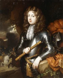 Portret van een commandant, driekwart lengte, in harnas, met een staf, zijn gevederde helm op een nabijgelegen rots, een cavalerieaanval op de achtergrond