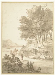 Italiaans landschap met figuren langs een weg en een rivier op de achtergrond