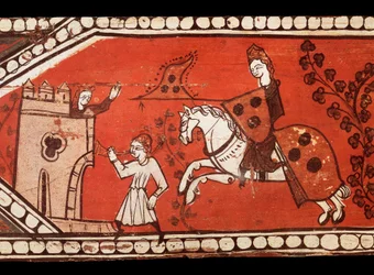 Ridders dragen vlaggen: de ridder, de prinses en de heraut. Tempera op hout van de decoratie van een dak. 13e eeuw.