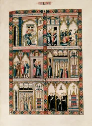 Miniaturen gewijd aan de heilige Maria en haar wonderen, uit de Cantigas de Santa María (Liederen van de heilige Maria), fol. 156