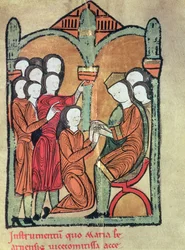 De Gravin van Bearn zweert trouw aan Alfonso II van Aragon, belovend niet te trouwen zonder zijn toestemming, uit het manuscript bekend als de 