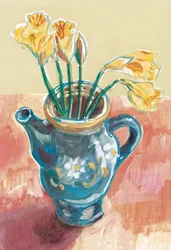 Narcissen in een blauwe theepot