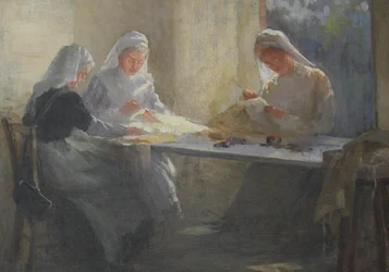 Kensington War Hospital Supply Depot (Kensington Square), Drie verpleegsters zittend aan een tafel en naaien, circa 1916