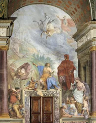 Lorenzo de Magnifieke in gesprek met Voorzichtigheid, fresco door Francesco Montelatici bekend als Cecco Bravo, Zilvermuseum, Pitti Paleis, Florence, Italië
