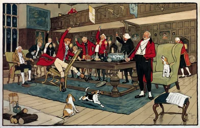 Ontbijt van jagers. Terug van de jacht vertellen de jagers over hun prestaties. Gravure van Cecil Aldin (1870-?), Engeland. Coll. Go.