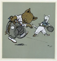 Varken en vos die tennis spelen - in "Merry Party", ill. door Cécil Aldin, uitgegeven door Hodder & Stoughton, Londen