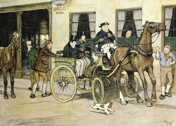 De Pickwickians vertrekken vanuit het Bull Hotel in Rochester