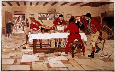De drie duiven snack. Jagers koken en eten snel voordat ze op jacht gaan. Gravure door Cecil Aldin (1870 -? ), Engeland. Coll. Deal