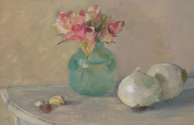 Venetiaanse rozen en uien (Olieverf op paneel)