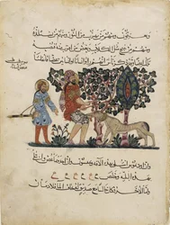 Griekse arts Erasistratos met een assistent, folio uit een Arabische vertaling van de Materia Medica door Dioscorides, 1224