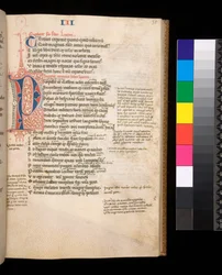 Ms 325. Lucanus, Bellum Civile, en andere werken, f.35r. Gescheiden Initiaal [P] in rood en blauw met contrasterende penversiering, c.1353