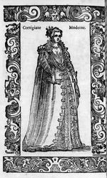 Renaissance: een Romeinse courtisane in de 16e eeuw. Gravure uit 