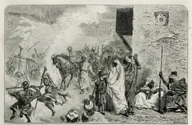 Een jonge jongen wordt in triomf gedragen na de besnijdeningsceremonie, te midden van de menigte die in de lucht schiet, terwijl hij schreeuwt en zich weer vermaakt, gravure door C. Biseo ter illustratie van het verhaal Le Maroc door Edmondo de Amicis, in