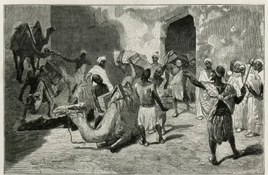 Het laden van kamelen van de karavaan van de auteur van het verhaal, Atanger, gravure door Biseo, ter illustratie van het verhaal Le Maroc door Edmondo de Amicis, in 1875, gepubliceerd in Le tour du monde, onder leiding van Edouard Charton