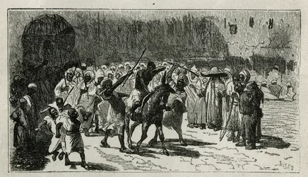 De bestraffing van een dief, klimt op een muilezel, hij ontvangt stokken onder het gejoel van de menigte, gravure door C.Biseo, ter illustratie van het verhaal Le Maroc door Edmondo de Amicis, in 1875, gepubliceerd in Le tour du monde, onder leiding van Ed